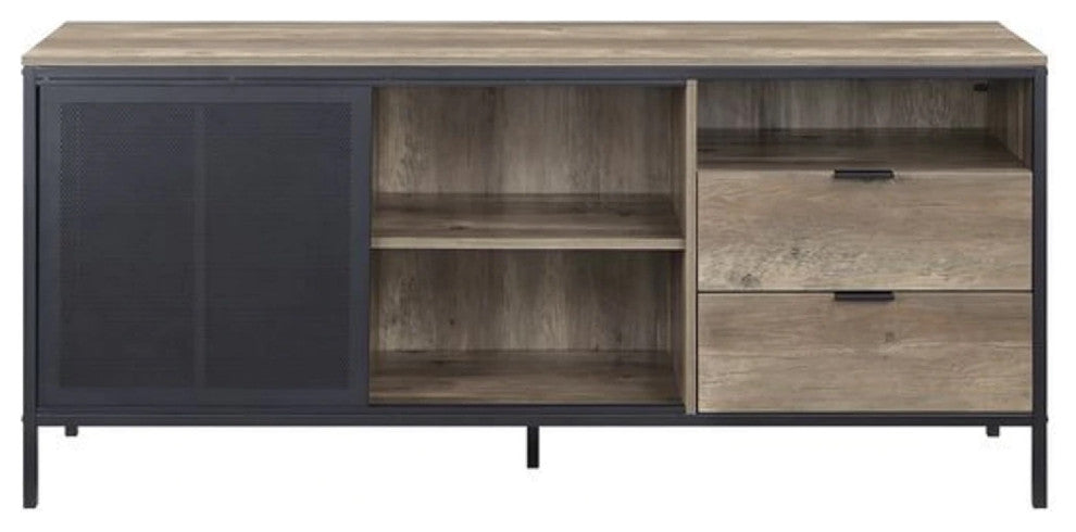 Benzara BM266445 TV Stand With Metal Frame, Rustic Oak Brown and Black