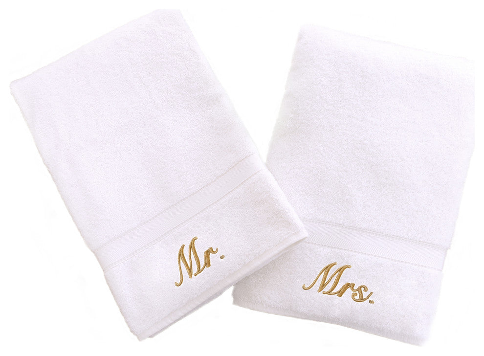 Mr. and Mrs. Hand Towels, Set of 2, White