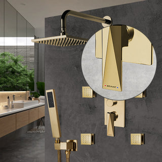 Bravat Brushed Gold Wall Mounted Square Shower Set, Valve Mixer 3-Way Concealed