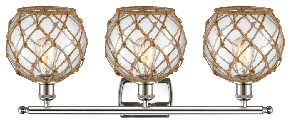 Farmhouse 3-Light Bath Vanity-Light, Nickel, Clear Glass With Brown Rope