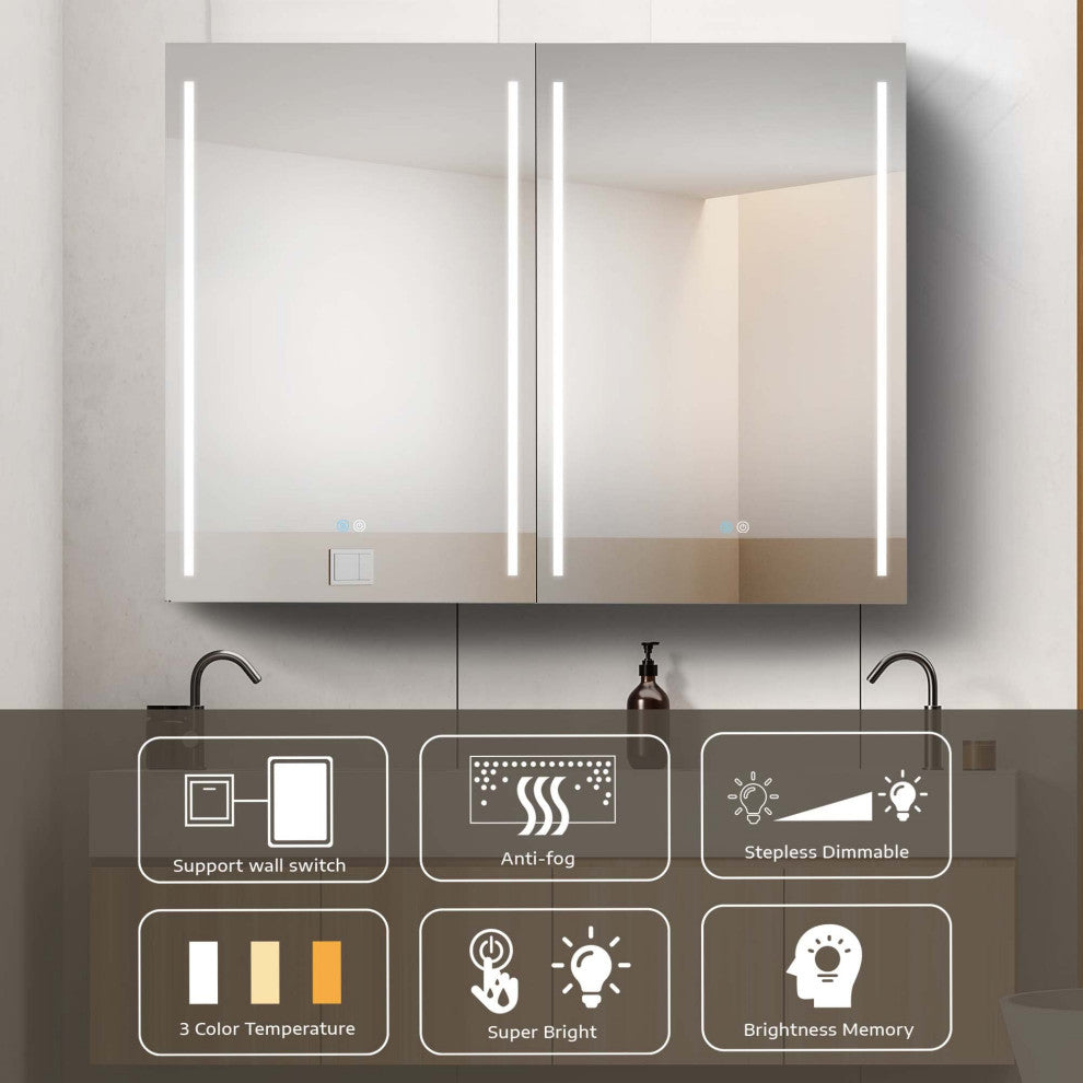 39"x30" Surface Mount Frameless Aluminum LED Medicine Cabinet With Anti-Fogger