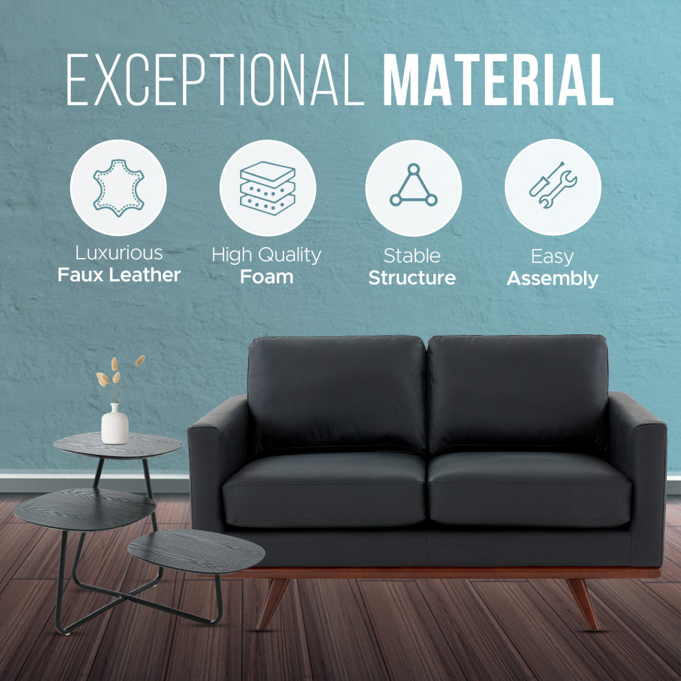 LeisureMod Chester Modern Leather Loveseat With Birch Wood Base, Black