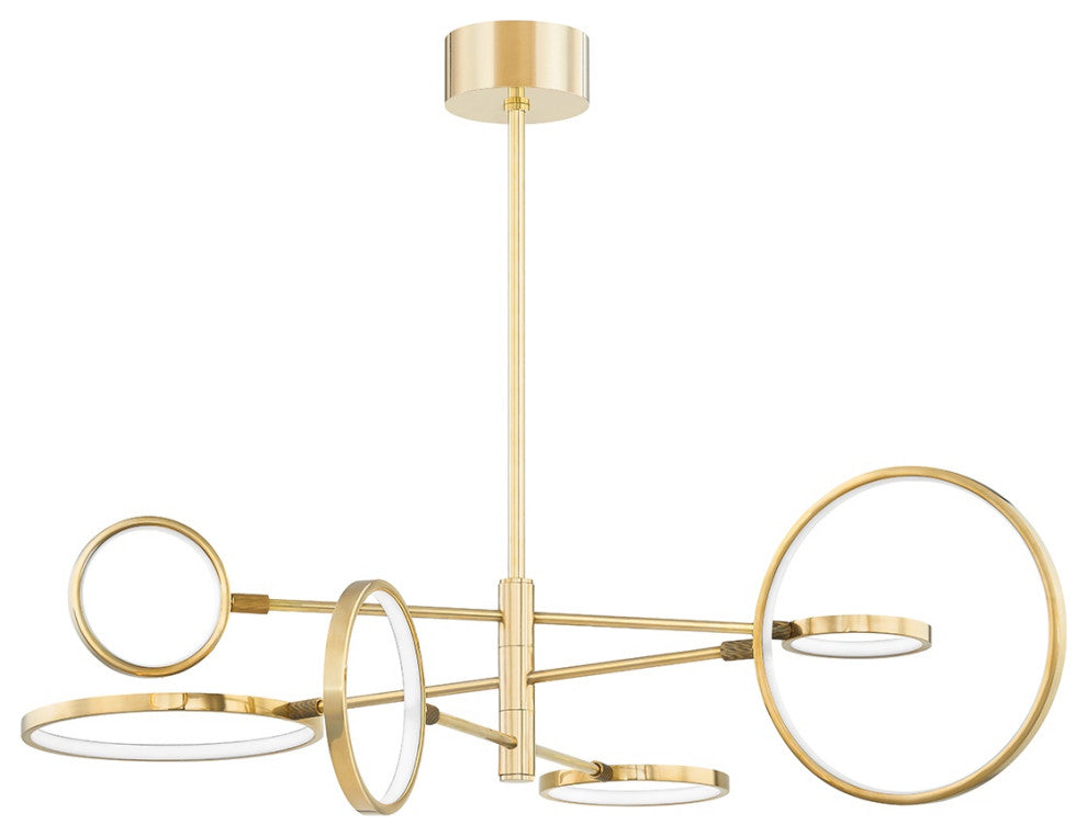 Saturn 6-Light LED Chandelier, Aged Brass, Matte White Glass and Metal Shade