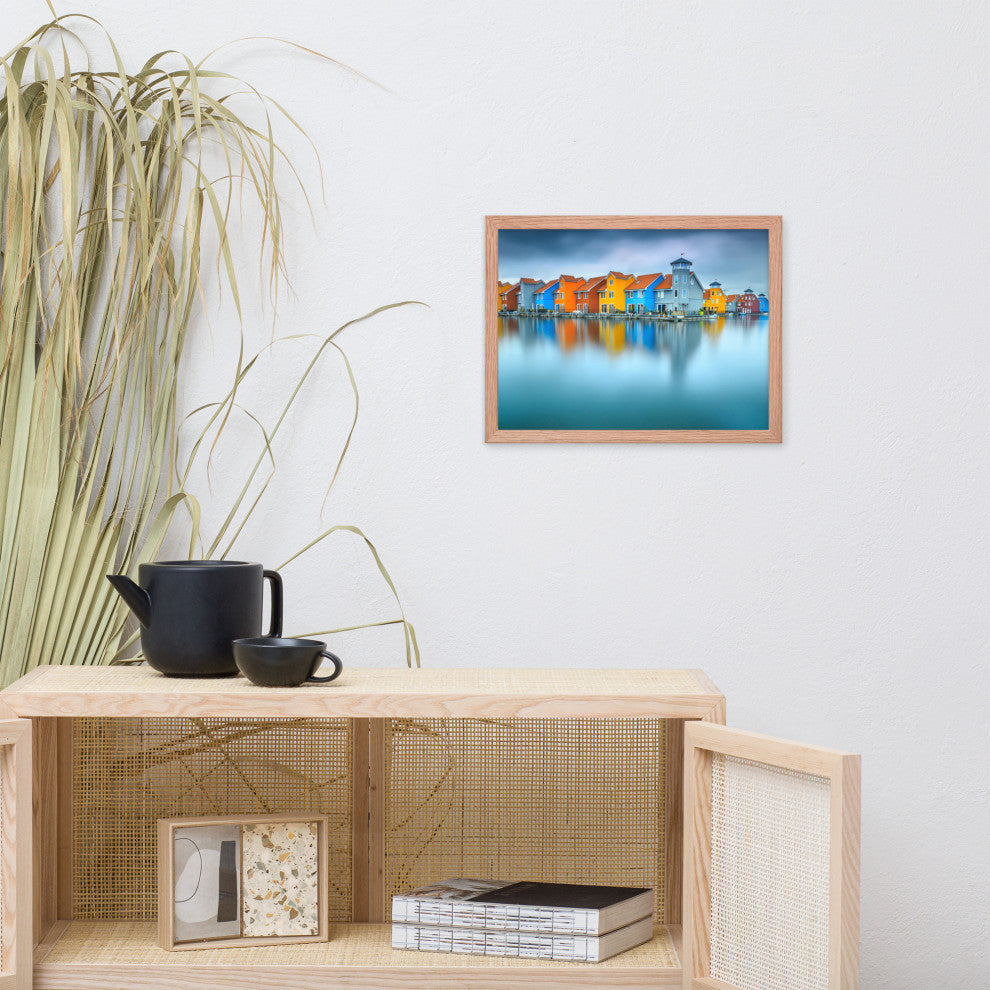 Blue Morning at Waters Edge Landscape Framed Photo Paper Wall Art Prints, Red Oak, 12" X 16"