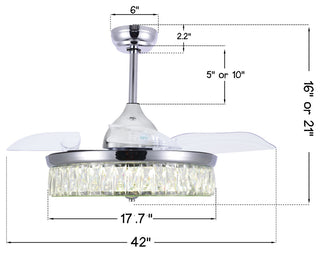 42" Decorative Crystal Drum Ceiling Fan with Light and Remote, Foldable Blade, Chrome, Neutral White (4000k)