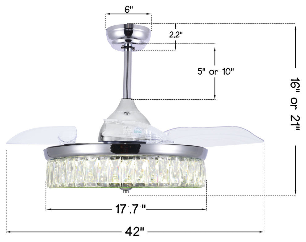 42" Decorative Crystal Drum Ceiling Fan with Light and Remote, Foldable Blade, Chrome, Neutral White (4000k)