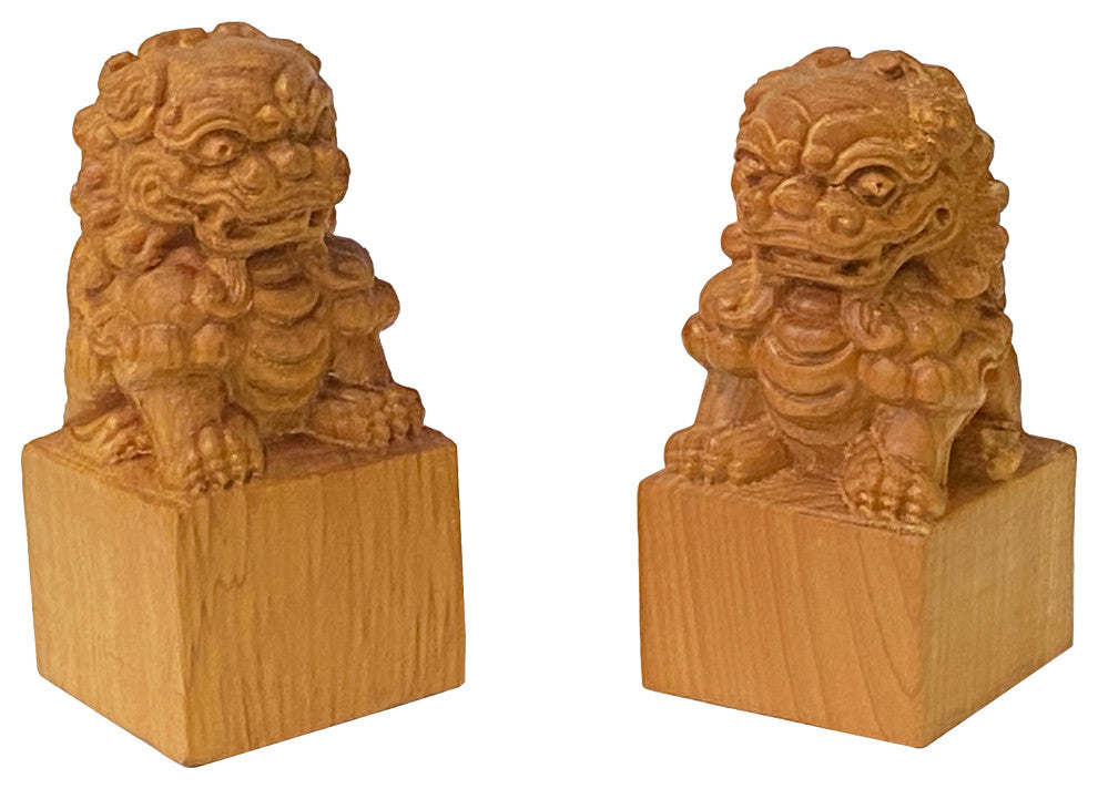Chinese Pair Wood Carved Mini Foo Dogs Lions FengShui Figures Hws2382