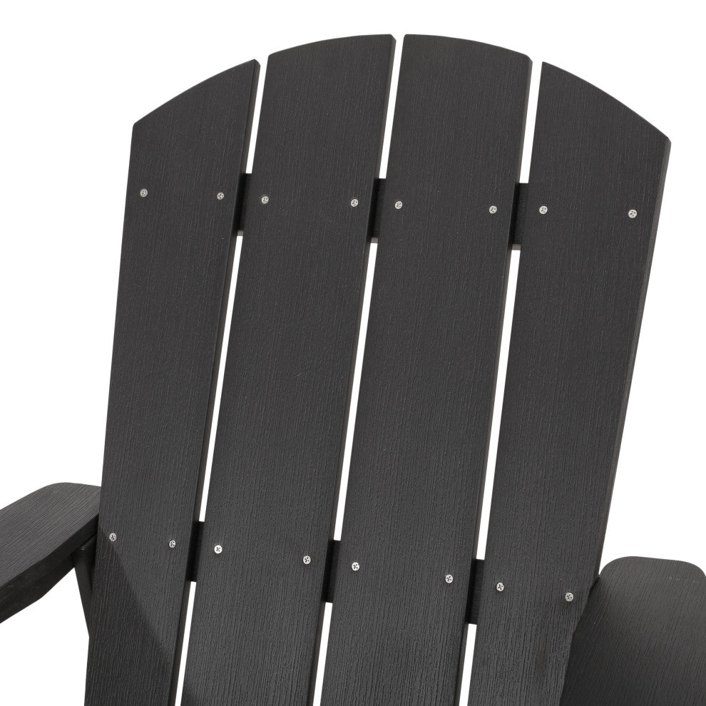 Ulises Outdoor Faux Wood Adirondack Chair With Retractable Ottoman, Black