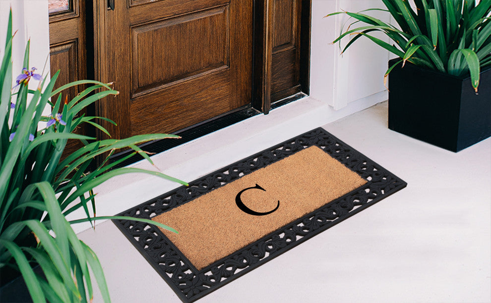 A1HC Rubber & Coir Floral Outdoor Durable Monogram Doormat 18"x30", Black, C