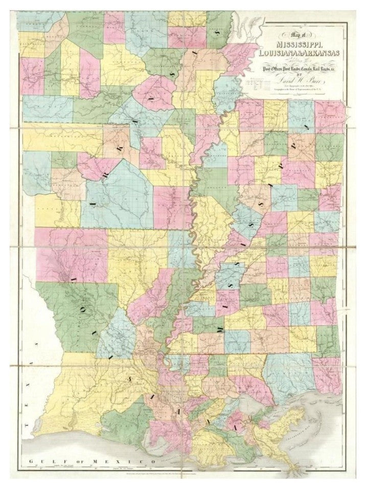 "Map of Mississippi, Louisiana and Arkansas, 1839" Paper Art, 18"x24"