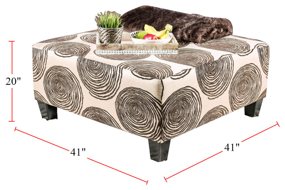 Fabric And Wooden Ottoman with Square Design, Brown