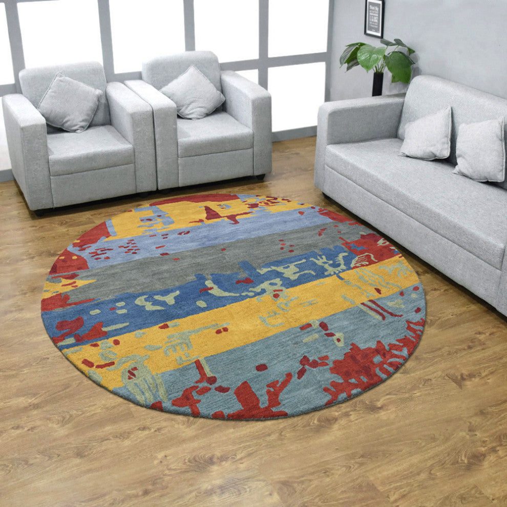 Hand Tufted Wool Area Rug Abstract Multicolor, [Round] 10'x10'