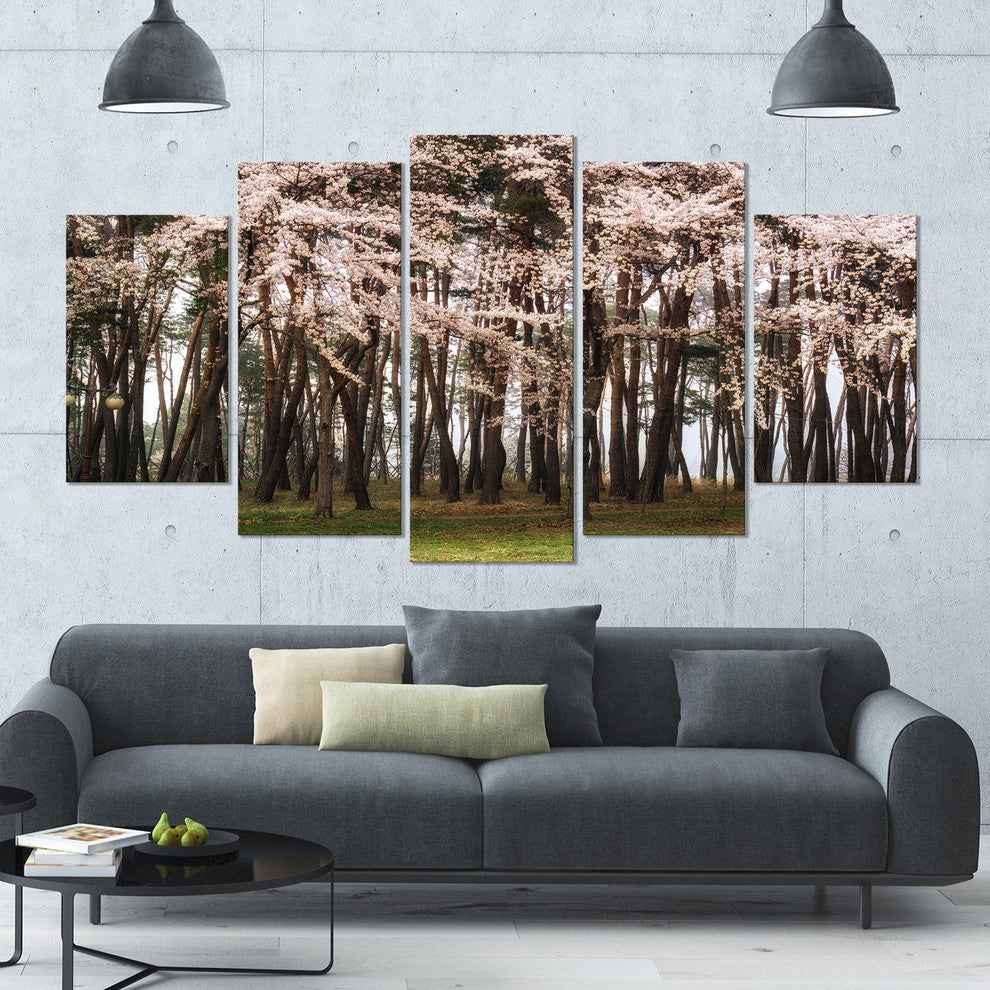 Cherry Blossoms in Pine Tree, Landscape Canvas Art Print, 60"x32", 5 Panels
