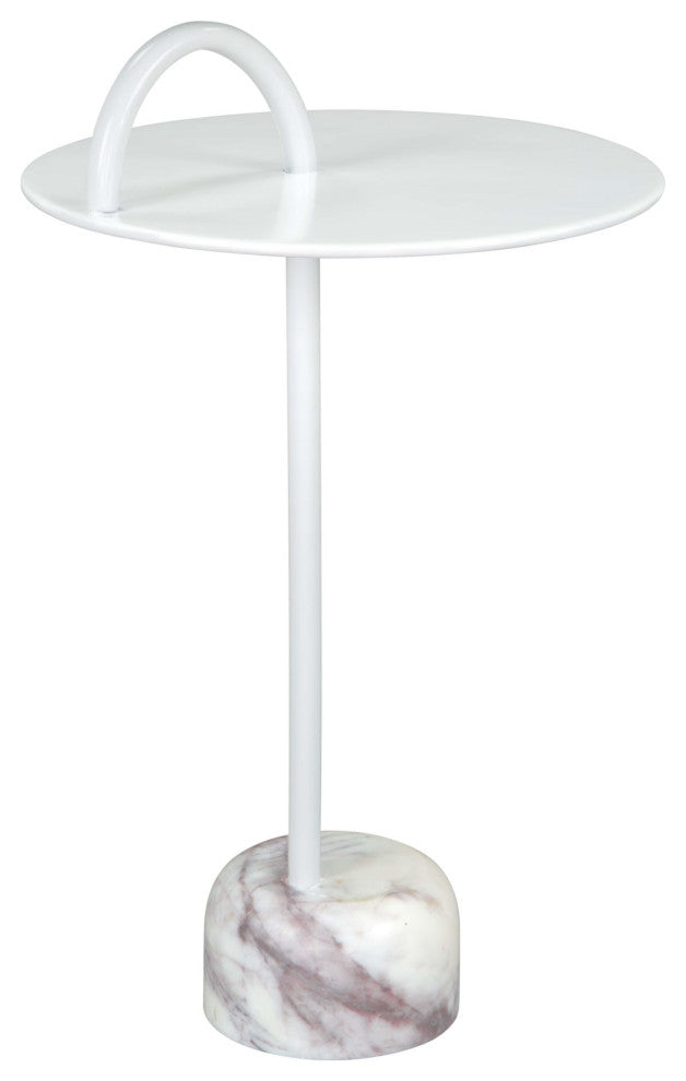 Sofa Side Table, Round, Artificial Marble, Iron Metal, White, Hospitality