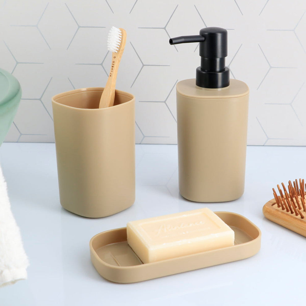Bathroom Set Tumbler, Soap Dispenser, Soap Dish Set of 3 Accessories, Beige