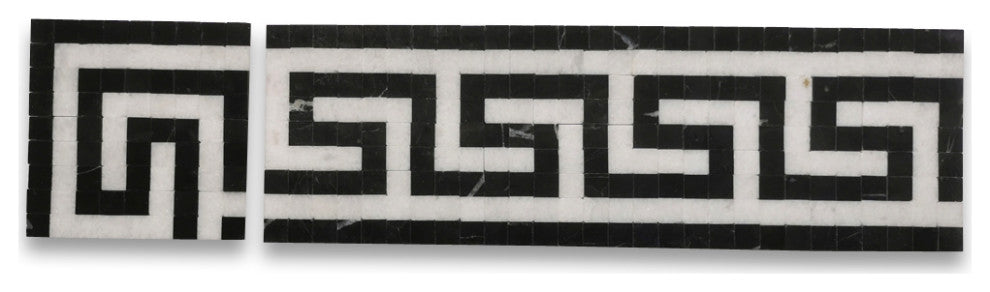 Greek Key Thassos White Nero Marquina Black Marble Mosaic Border Tile, 1 piece
