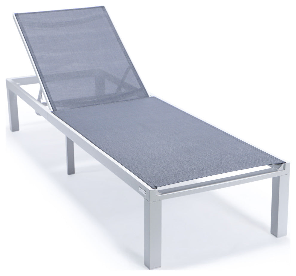 LeisureMod Marlin White Patio Chaise Lounge Chair with Fire Pit Table, Dark Gray
