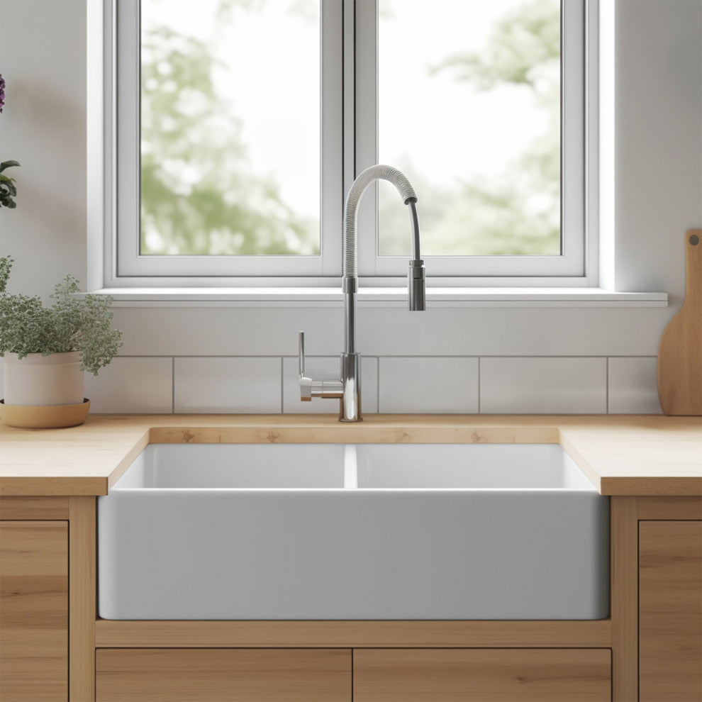 Turner White Fireclay 33" Double Bowl Farmhouse Undermount Kitchen Sink