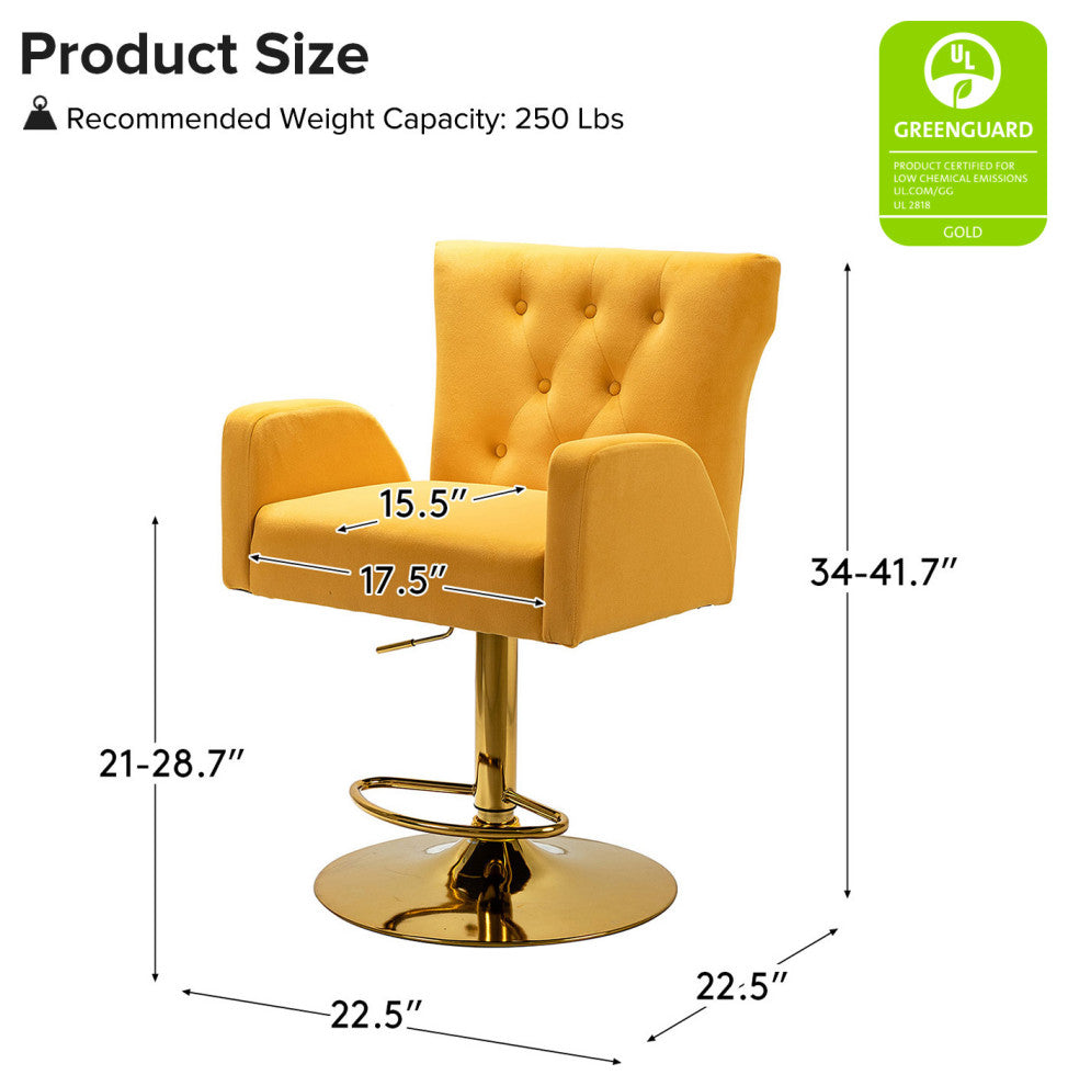 Velvet Swivel Height Adjustable Bar Stool with Tufted Back, Mustard