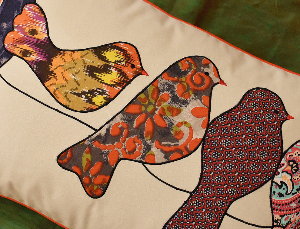 Lumbar Beige Birds On Wire I Decorative Pillow Cover Cotton Applique 18x18"