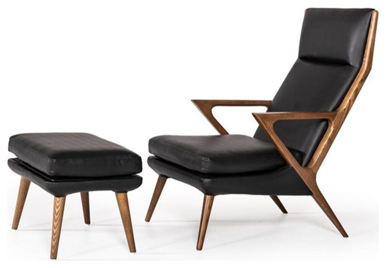 Limari Home Fulton Faux Leather & Wood Lounge Chair & Ottoman in Black/Walnut
