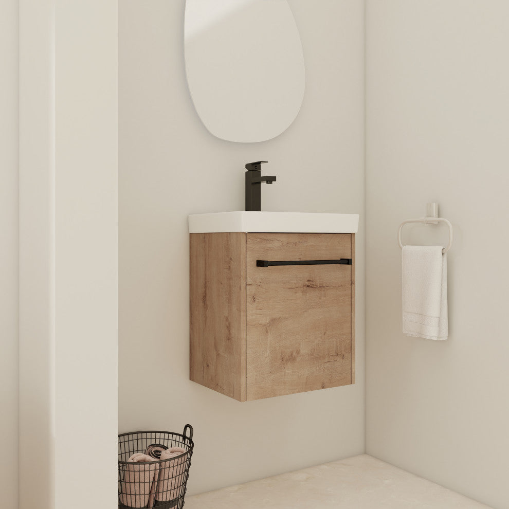 GDF Studio 18" Wall-Mounted Vanity, Ceramic Sink, Imitative Oak