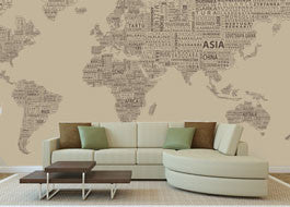 1-World Text Map Wall Mural, Tan Mono, 3 panel, 124"x67"