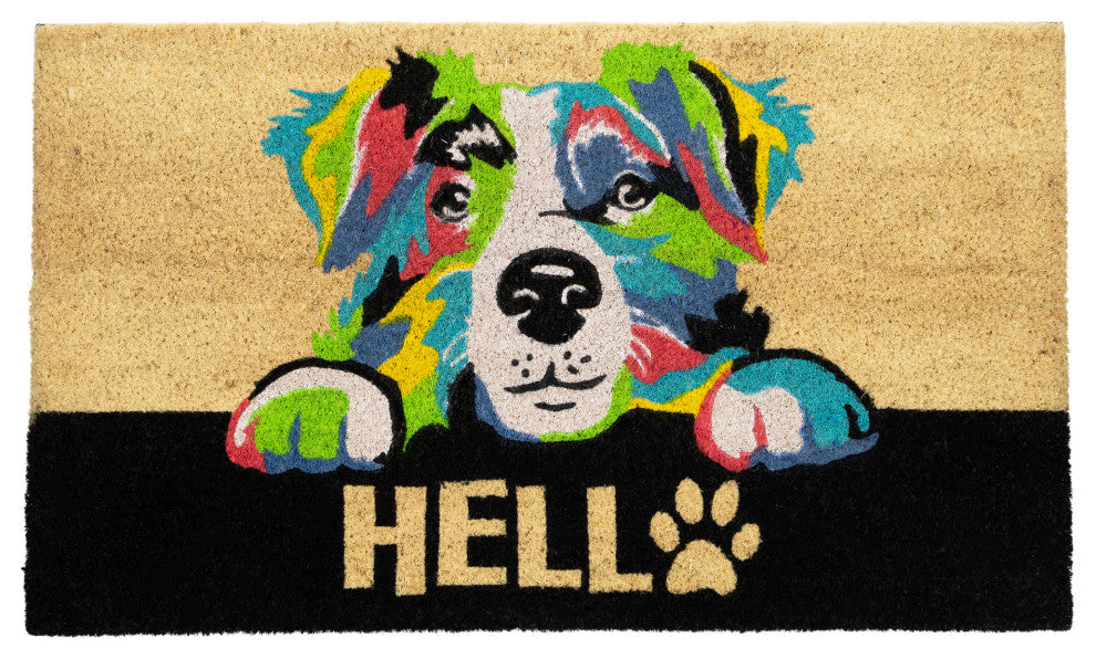 Ivory and Black "Hello" Multicolor Dog Outdoor Coir Doormat 18" x 30"