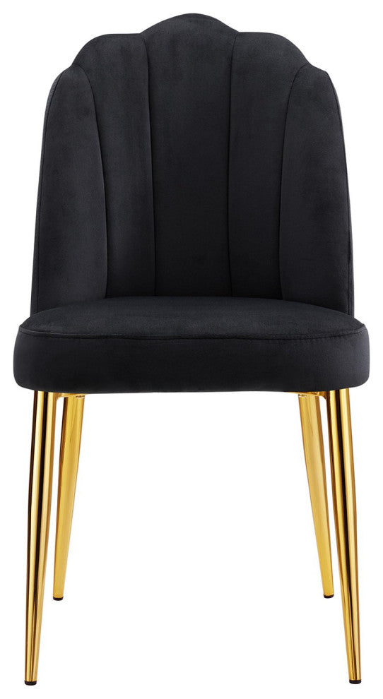 Set of 2 Dining Chair, Golden Legs & Channel Quilted Back With Crown Top, Black