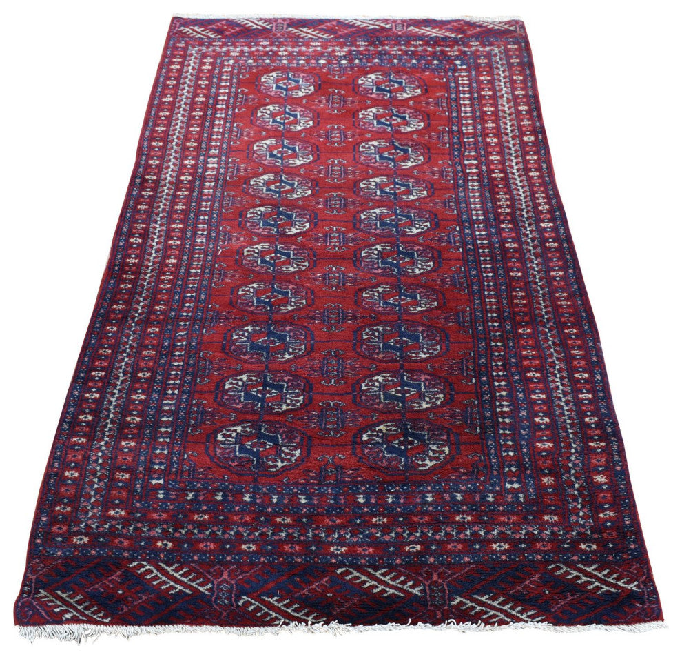 Red Old Turkeman Bokara Elephant Feet Medallions Hand Knotted Wool Rug 3'1"x5'4"