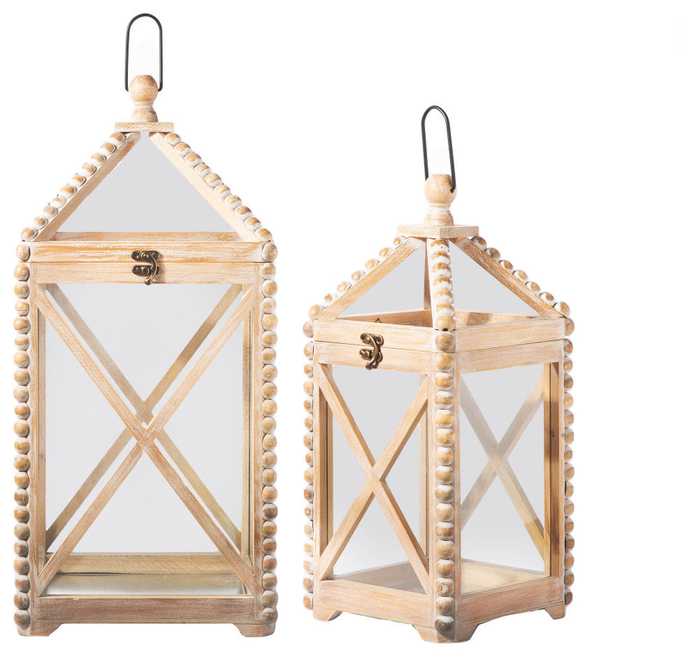 Lantern with Metal Handle and Window "X" Design Washed Brown Finish, Set of 2