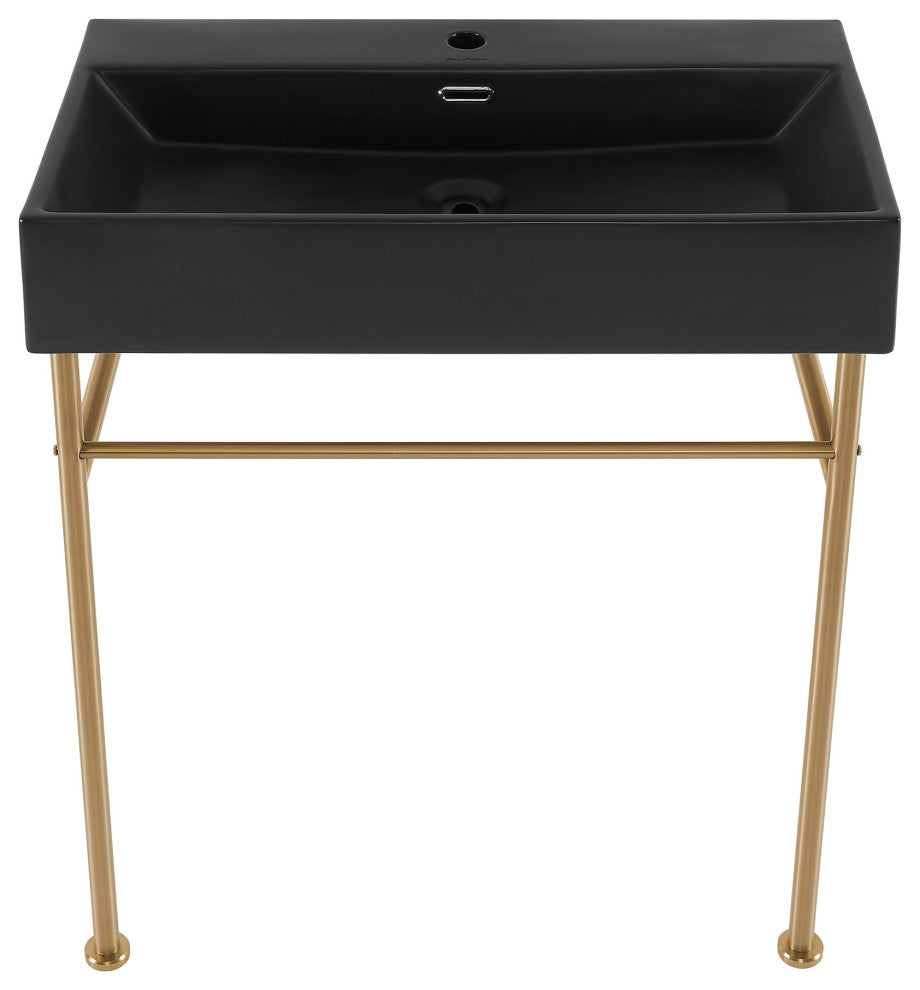 Claire 30" Ceramic Console Sink Matte Black Basin Gold Legs, Brushed Gold
