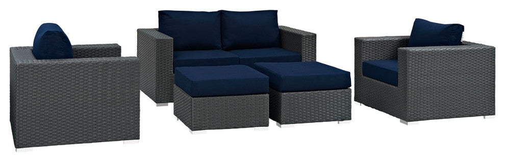 Canvas Navy Sojourn 5 Piece Outdoor Patio Sunbrella Sectional Set