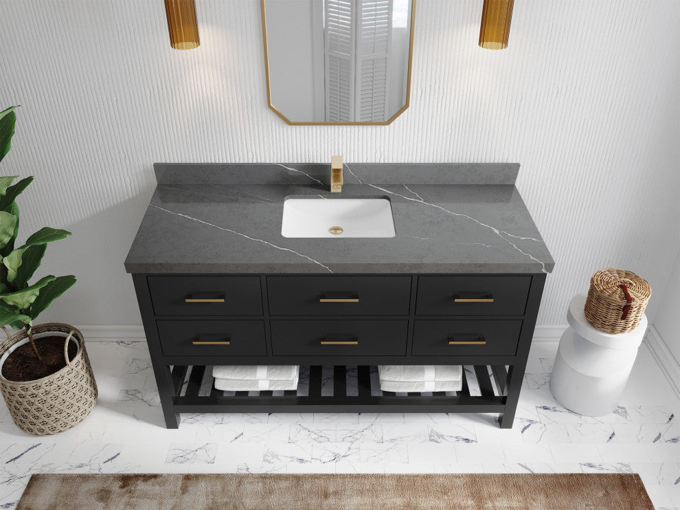 Parker 60" Single Sink Bath Vanity, Black 2" Piatra Gray