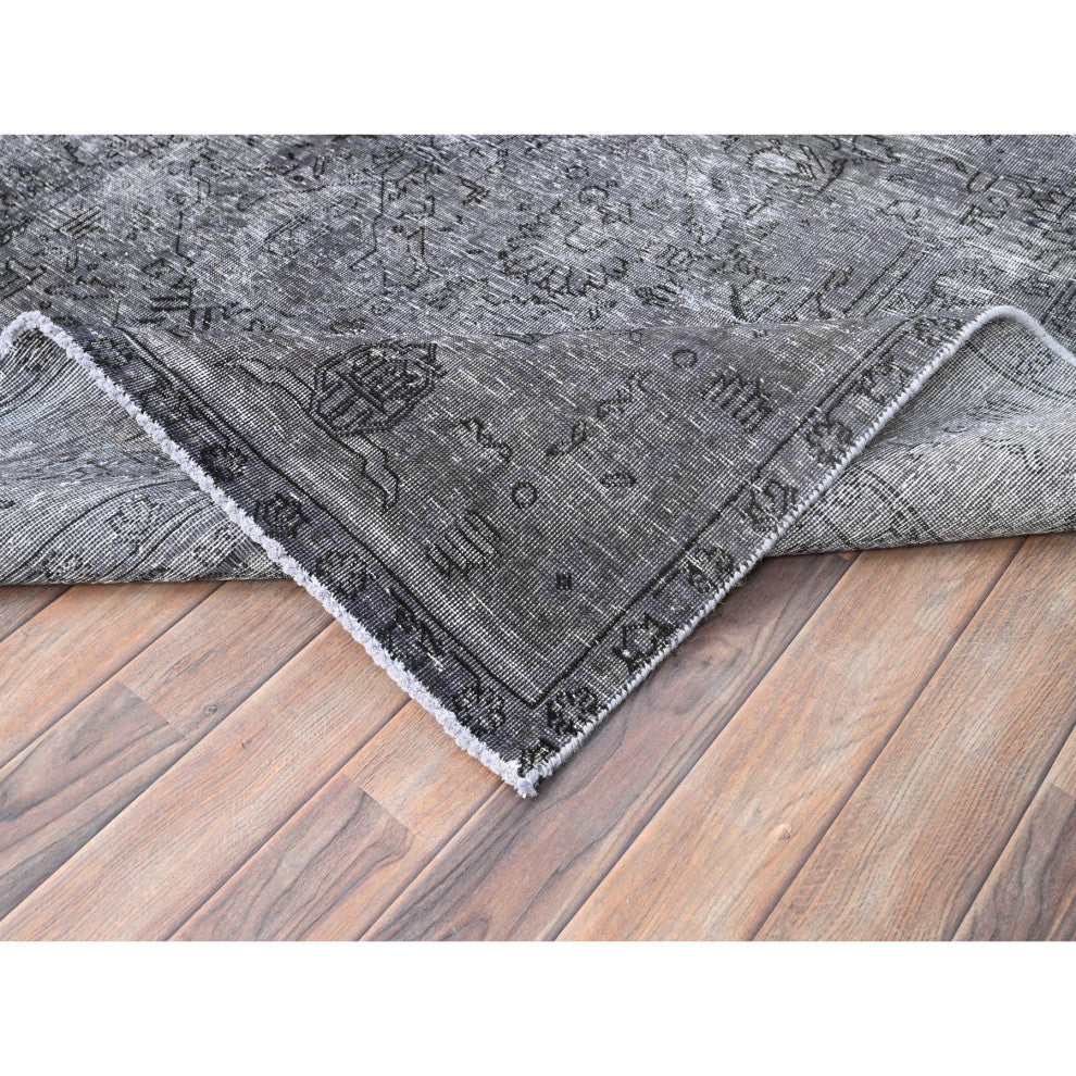 Slate Gray, Worn Wool, Hand Knotted, Vintage Persian Tabriz Rug, 6'6"x9'6"