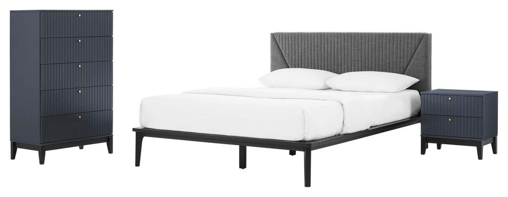 Platform Bed Dresser Chest Nightstand Set, Queen, Blue, Wood, Modern