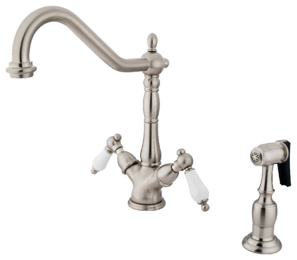 Kingston Brass 2-Handle Kitchen Faucet With Brass Sprayer, Brushed Nickel