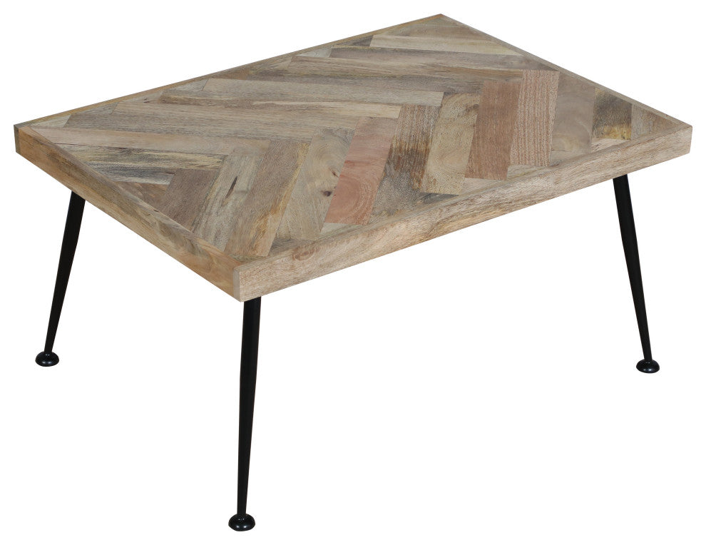 Benzara UPT-262396 Mango Wood Coffee Table, Herringbone Iron Legs, Brown, Black