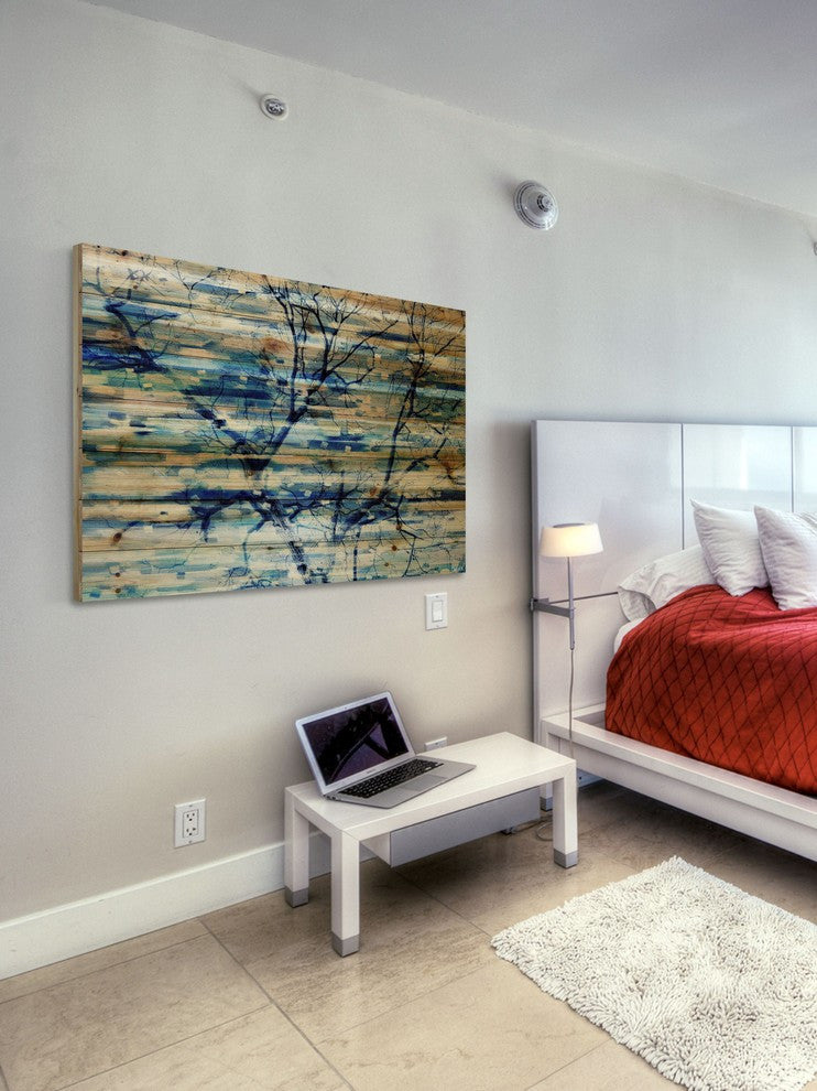 "Trees in Blue" Print on Natural Pine Wood, 60"x40"
