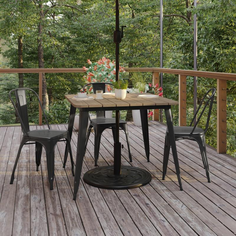 Declan Commercial Indoor/Outdoor Dining Table with Umbrella Hole, 36" Square, Brown/Black