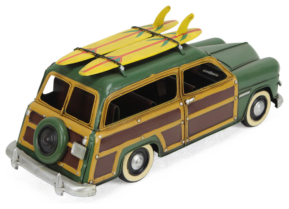 Mini Woody Car With Surfboard Circa 1949, Green