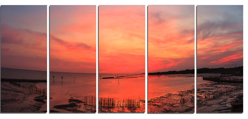 "Outstanding Panorama of Sunset in Sea" Seascape Art Canvas, 5 Panels, 60"x28"