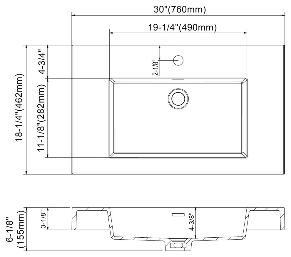 Dowell 18" FTB Resin Bathroom Vanity Basin, White, 30wx18dx6h