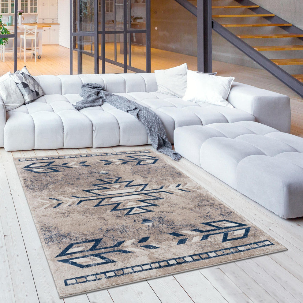 8"x11" Beige and Blue Boho Chic Area Rug