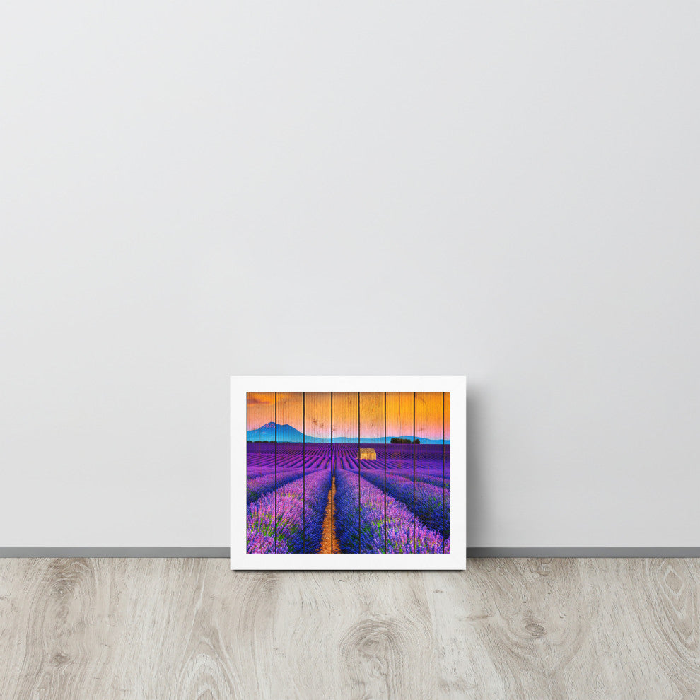 Faux Wood Lavender Fields and Sunset Landscape Framed Photo Paper Wall Art Print, White, 8" X 10"