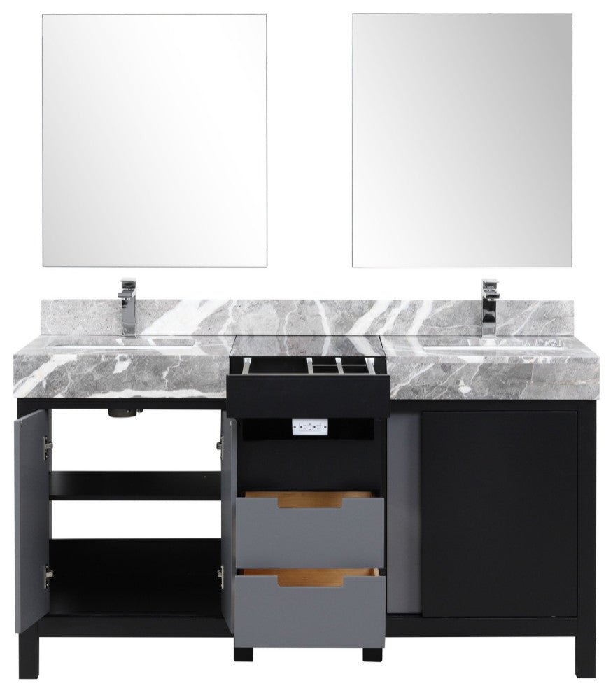 60" Double Vanity, Marble Tops, Square Sinks, Faucet Set,&28" Frameless Mirrors