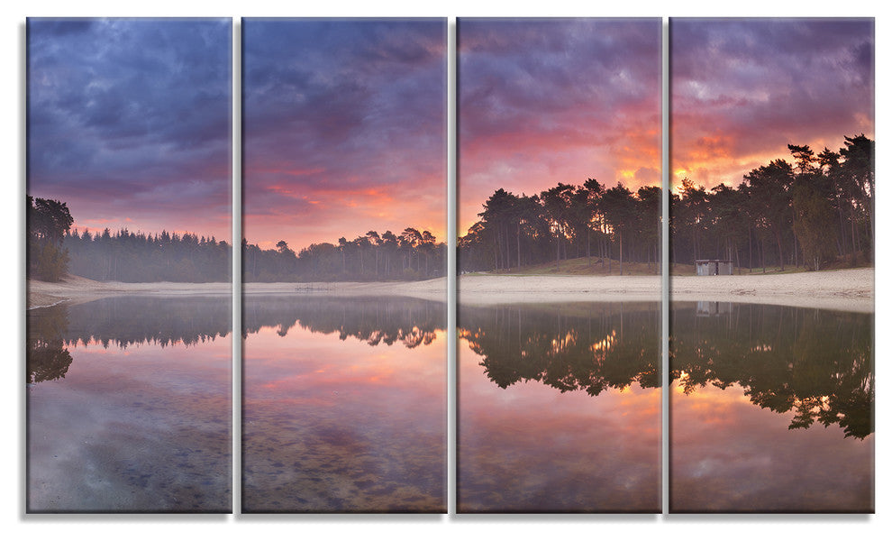 Quiet Lake Mirroring the Sky, Landscape Canvas Art Print, 48"x28", 4 Panels