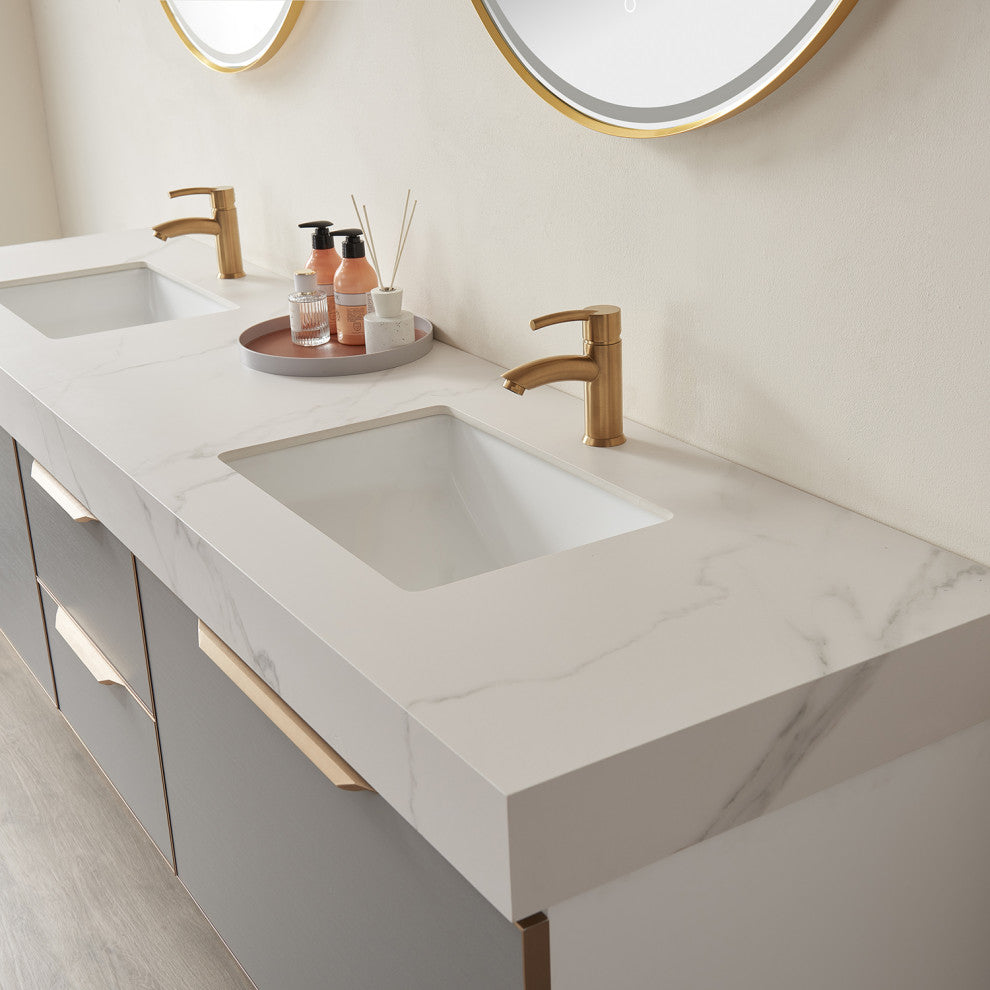 Alicante Vanity With Stone Countertop, Elegant Grey, 84", With Mirror