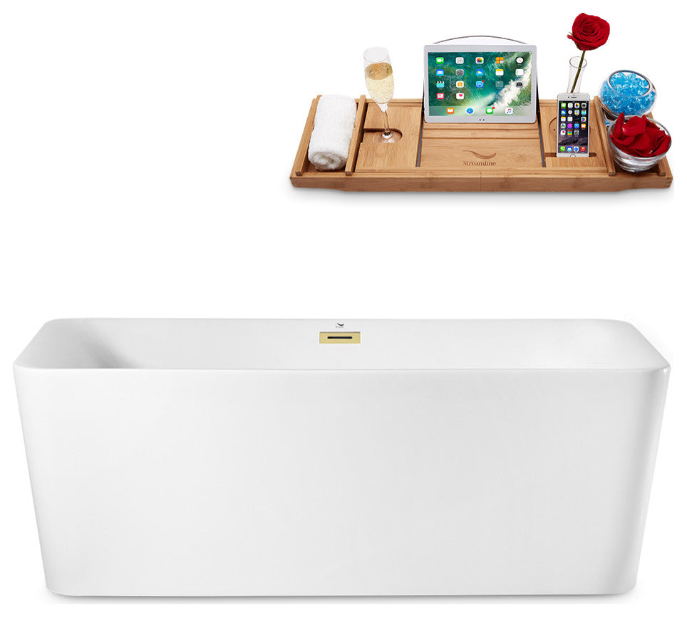 63" Streamline Bathtub and Tray With Drain, Polished Brass