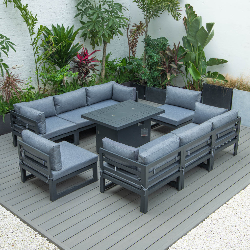 LeisureMod Chelsea 9-Piece Patio Sectional With Fire Pit Table, Blue